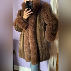Luxurious Brown Pastel mink autumn haze an brown Fox Fur Coat trim